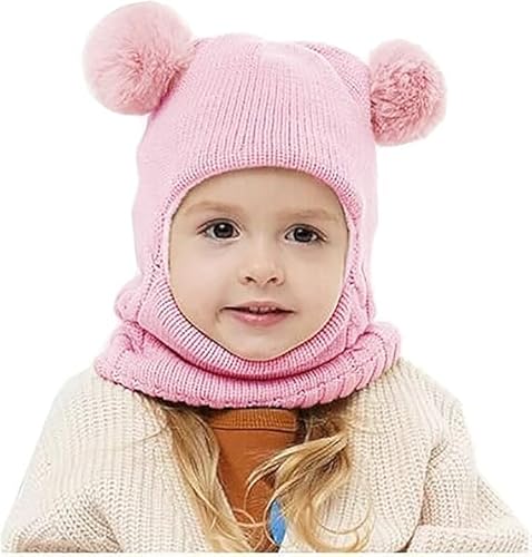 Qersh Kinder Mütze Mädchen Junge Winter Wintermütze mit 2 Bommel Warme Strickmütze Mädchen Dicke Kindermützen Winddicht Kälteschutz Mütze für Baby Kinder Mütze Skimütze Kinder Baby Schalmütze Winter von Qersh