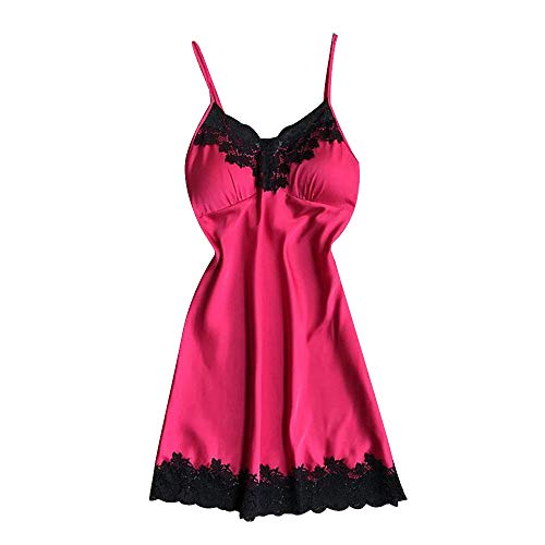 Qersh Satin Negligee Dessous Set Mit Brustpolster für Damen Kurz Nachtwäsche Nachthemd Sleepwear Lingerie Spitze-BH (Pink, XXXL) von Qersh