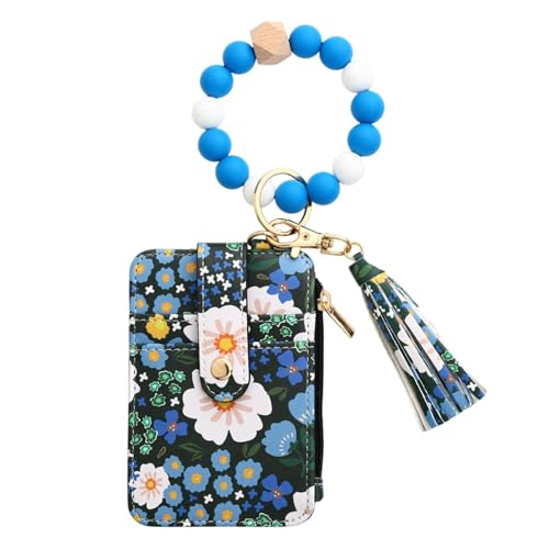 Qfdiwr Geldbörse für Eisdecken, Schlüsselanhänger, Kreditkartenhalter, tragbare Quastentasche, Boho-Stil, mit Blumenmuster, für Damen, dunkelblau, Se référer au descriptif, Siehe Beschreibung von Qfdiwr