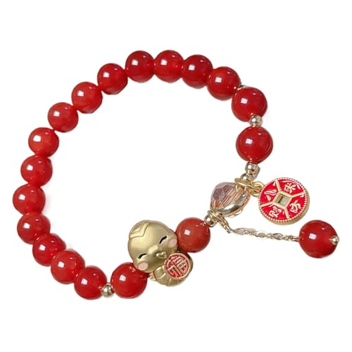 Qfdiwr Rotes Achat Armband,Chinesisches Neujahrsarmband,Rotes Achat-Karneol-Armband | Handgefertigter chinesischer Neujahrsschmuck, Glücksarmbänder, Perlenarmreifen für Frauen von Qfdiwr