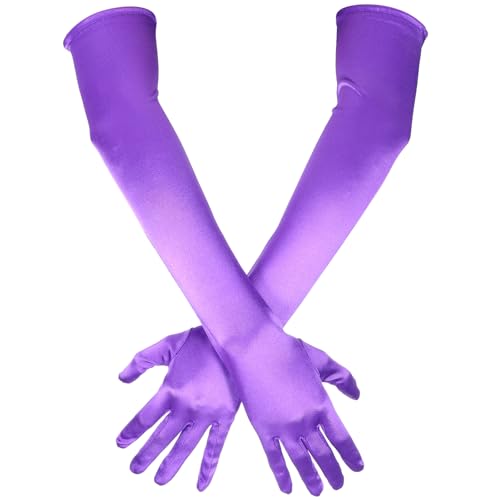1 Paar Lange Ellbogen Satinhandschuhe Handschuhe Elegant Damen Lila Handschuhe Damen Elastic Satin Classic Abendhandschuhe, 1920s Style 56cm Gloves Elbow to Wrist für Frauen Maskerade Cosplay-Kostüme von QfwdfcTrenz