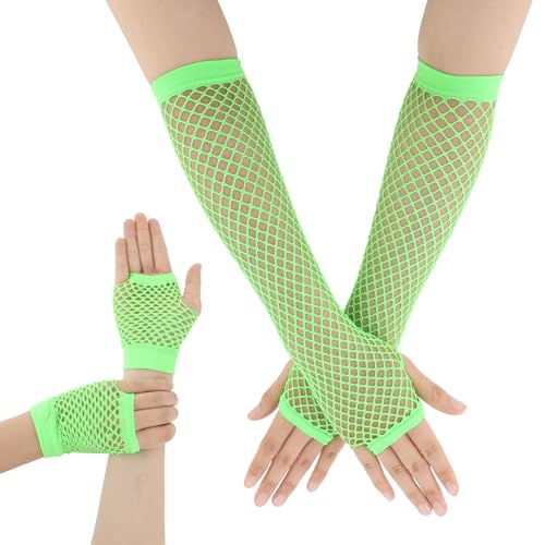 Netzhandschuhe Mesh Fishnet Handschuhe Fingerlos Netzhandschuhe Fingerlose für Damen Lang und Kurz Durchbohrte Nylon-Netz Spitzenhandschuhe für 80er Kostümpartys Halloween und Cosplay Zubehör Grün von QfwdfcTrenz