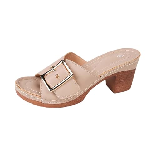 Damen Block Absatz Sandalen Square Open Toe Slip auf Mules Schnalle Chunky Absatz Sandale Kleid Pumps Schuhe(Apricot,39 EU) von Qgtxf