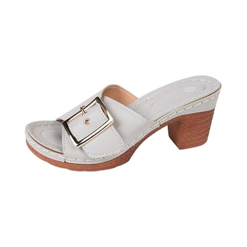 Damen Block Absatz Sandalen Square Open Toe Slip auf Mules Schnalle Chunky Absatz Sandale Kleid Pumps Schuhe(Beige,40 EU) von Qgtxf