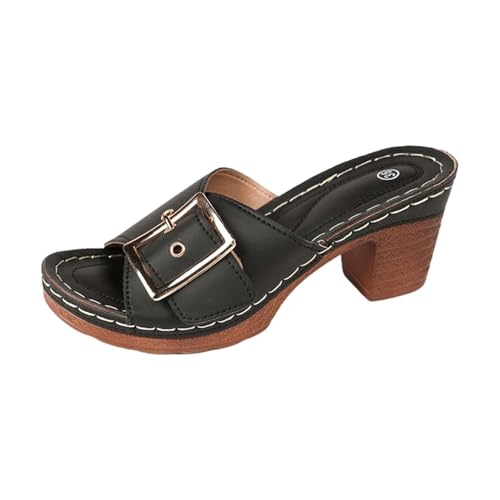 Damen Block Absatz Sandalen Square Open Toe Slip auf Mules Schnalle Chunky Absatz Sandale Kleid Pumps Schuhe(Black,41 EU) von Qgtxf