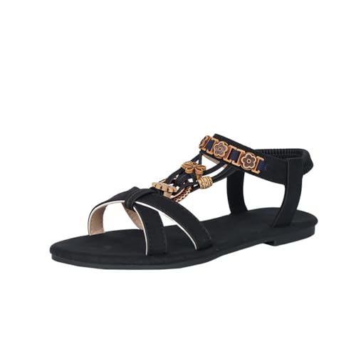 Damen Bohemia Beaded Flats Sandalen Sommer T-Strap Sandale Casual Open Toe Knöchel Elastische Band Schuhe(Black,40 EU) von Qgtxf