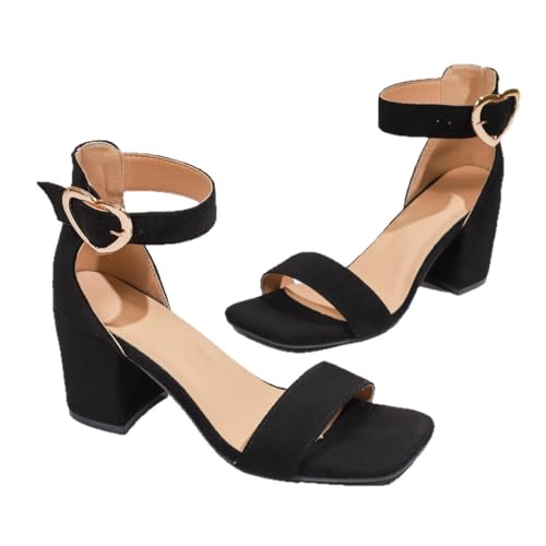 Damen Chunky Absatz Sandalen Fashion Square Toe Knöchel Strappy Sandalen Party Hochzeitskleid Schuhe(Black,36 EU) von Qgtxf