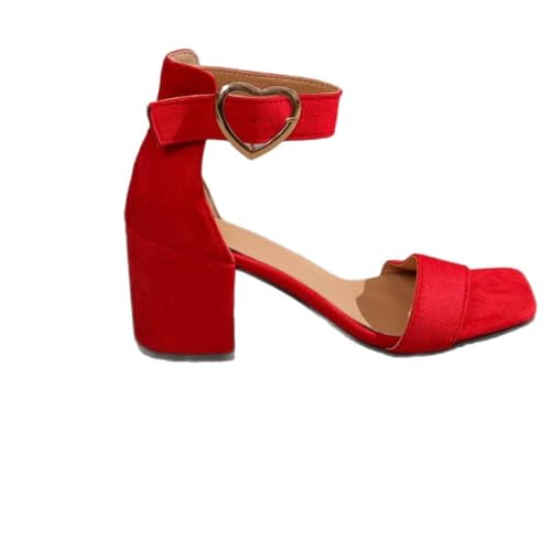 Damen Chunky Absatz Sandalen Fashion Square Toe Knöchel Strappy Sandalen Party Hochzeitskleid Schuhe(Red,37 EU) von Qgtxf