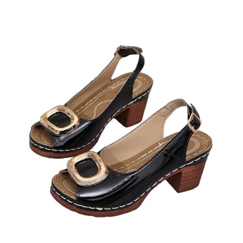 Damen Lackleder Block Absatz Sandalen mit Verstellbaren Knöchelgurten Sommermode Peep Toe Sandalen Abendschuhe(Black,41 EU) von Qgtxf
