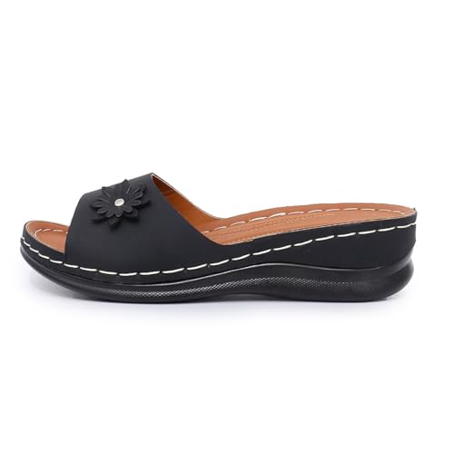 Damen Mode Blumen Sandalen Bequeme Bogenstützrutschen Sommer Strand Plattform PU Leder Keil Pantoffeln(Black,38 EU) von Qgtxf