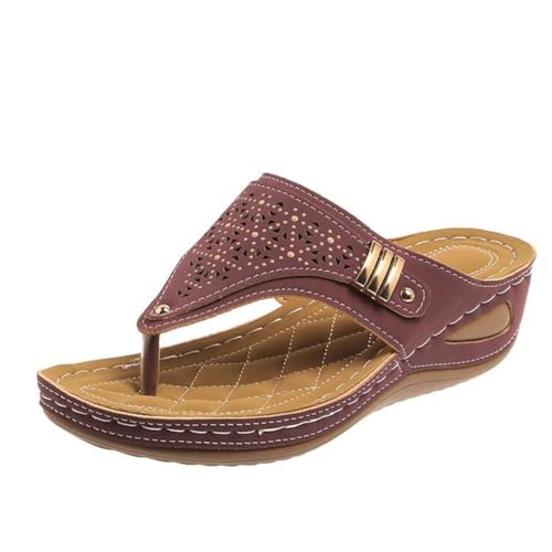 Damen Wedge Sandalen Plattform Hollow Out Schleifen Sie Auf Plattform Memory Schaumschuhe Mode Sommer Wandern Flip Flops(Wine Red,37 EU) von Qgtxf