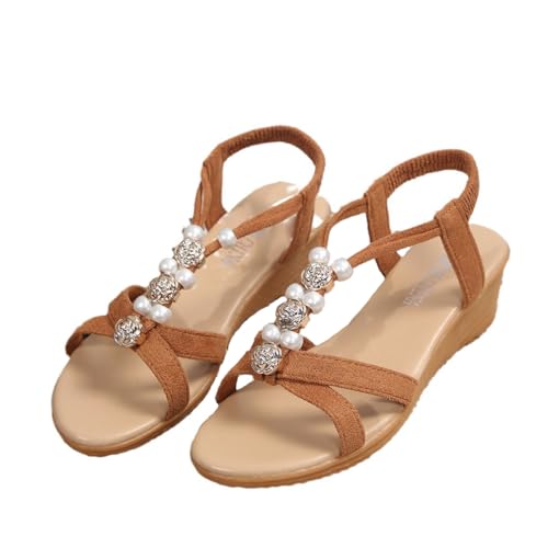 Gladiator Sandale mit Perle Bohemia Beach Freizeitschuhe Sommer Peep Toe Sandalen mit Elastischem Band Rückenlose Sandalen(Size:41 EU,Color:Brown2) von Qgtxf