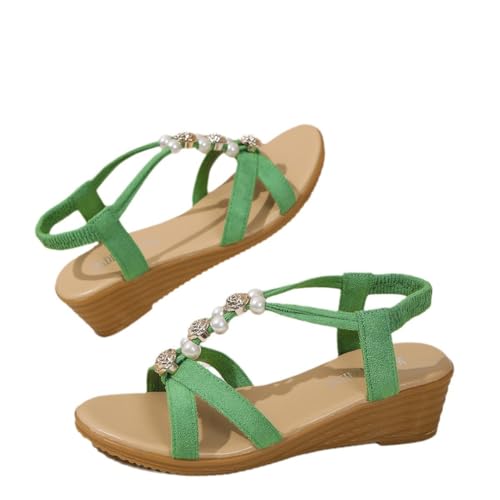 Gladiator Sandale mit Perle Bohemia Beach Freizeitschuhe Sommer Peep Toe Sandalen mit Elastischem Band Rückenlose Sandalen(Size:41 EU,Color:Grün) von Qgtxf