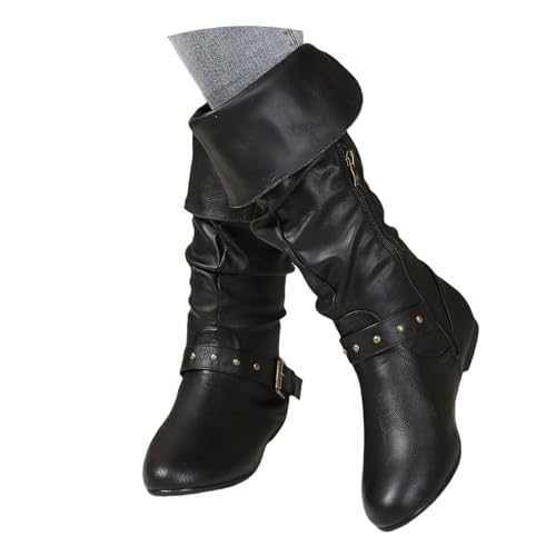 Qgtxf Cowboy Cowgirl Stiefel for Damen, Flach PU Leder Schnalle Seitlicher Reißverschluss Niedriger Absatz Kleid Freizeitstiefel(Black,36 EU) von Qgtxf