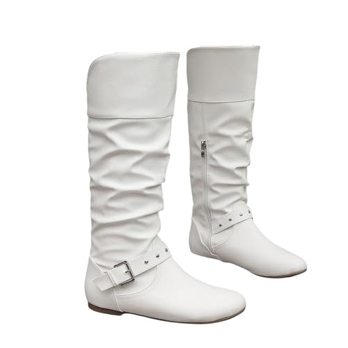 Qgtxf Cowboy Cowgirl Stiefel for Damen, Flach PU Leder Schnalle Seitlicher Reißverschluss Niedriger Absatz Kleid Freizeitstiefel(White,36 EU) von Qgtxf