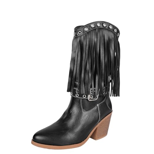 Qgtxf Cowboy Cowgirl Stiefel für Damen PU Leder Mid-Calf Spitze Zehe Chunky Stiefel mit Fringes Casual Slip-On Schuhe(Black,38 EU) von Qgtxf