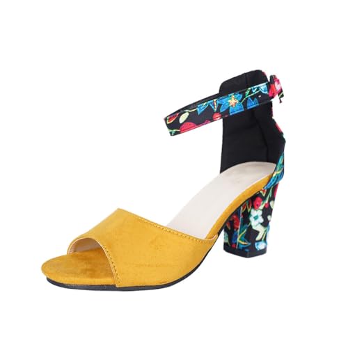 Qgtxf Damen 2.87" Chunky Block High Heels Sandalen Floral Print Open Toe Knöchelgurt Sandalen für Partys Hochzeiten(Size:38 EU,Color:Gelb) von Qgtxf