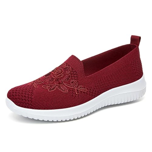 Qgtxf Damen Blumen Stickerei Slip-On Strick Loafers Atmungsaktive Mesh Casual Walking Sneakers Flache Sportschuhe(Red,37 EU) von Qgtxf
