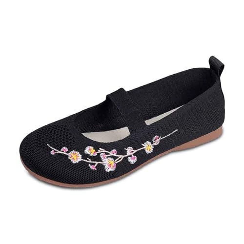 Qgtxf Damen Casual Hollow Out Strick Mary Jane Atmungsaktive Weiche Flache Loafers Stickte Blumenschuhe Slip On Wanderschuhe(Black,42 EU) von Qgtxf