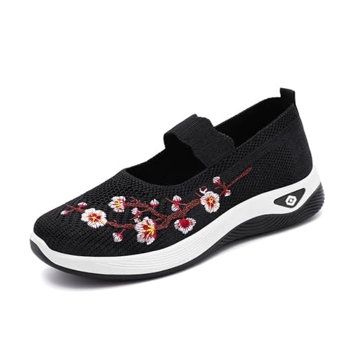 Qgtxf Damen Casual Schuhe Blume Gestickte Slip On Stricken Flache Loafers Bequeme Weiche Sohle Schuhe rutschfeste Walking Sneakers(Black,41 EU) von Qgtxf