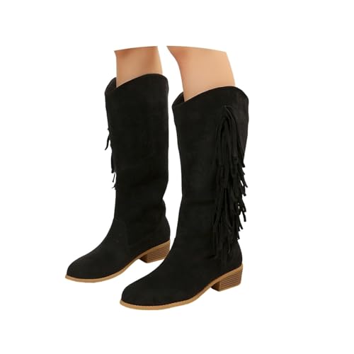 Qgtxf Damen Fringe Western Stiefel Wildleder Block Absatz Retro Reitstiefel Slip-On Cowboy Stiefel(Black,43 EU) von Qgtxf