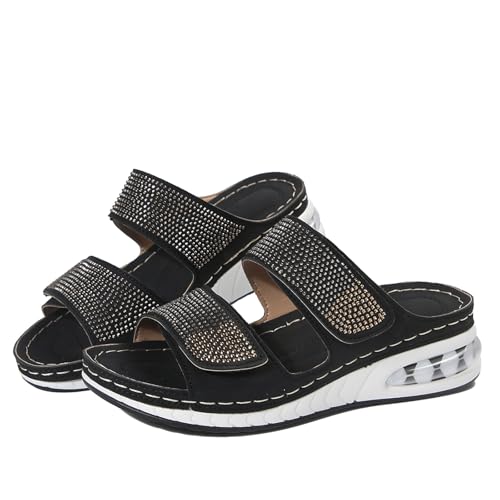 Qgtxf Damen Glitter Plattform Keil Slipper Runde Offene Zehe Strass Zwei Armband Sandalen mit Luftkissen Slip-On Strandschuhe(Black,38 EU) von Qgtxf