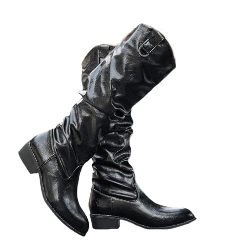 Qgtxf Damen Kniehohe Stiefel Block Absatz PU Leder Slip-on Reitstiefel Trendy Winter Herbst Hoher Stiefel(42 EU) von Qgtxf