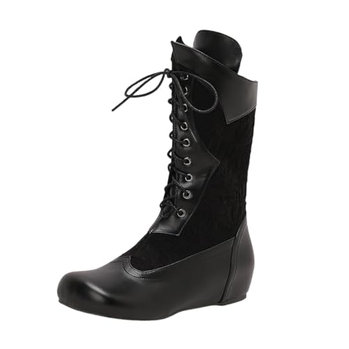 Qgtxf Damen Lace Up Mid Calf Stiefel Vintage Viktorianische Stiefel Wedge Absatz PU Leder Casual Schuhe(Black,35 EU) von Qgtxf