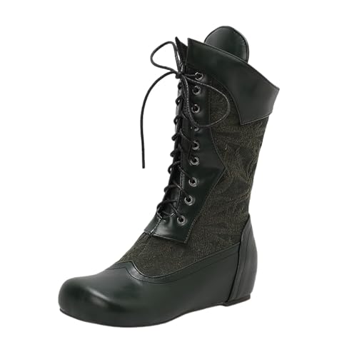Qgtxf Damen Lace Up Mid Calf Stiefel Vintage Viktorianische Stiefel Wedge Absatz PU Leder Casual Schuhe(Green,35 EU) von Qgtxf