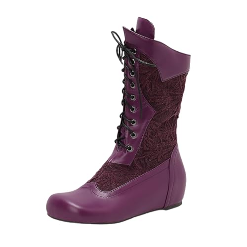 Qgtxf Damen Lace Up Mid Calf Stiefel Vintage Viktorianische Stiefel Wedge Absatz PU Leder Casual Schuhe(Purple,43 EU) von Qgtxf