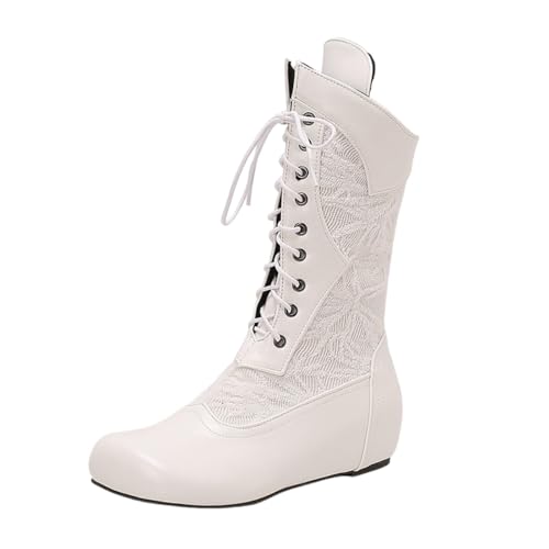 Qgtxf Damen Lace Up Mid Calf Stiefel Vintage Viktorianische Stiefel Wedge Absatz PU Leder Casual Schuhe(White,37 EU) von Qgtxf