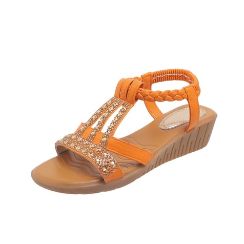 Qgtxf Damen Low Wedge Sandalen Open Toe T-Strap Strass Beaded Strandschuhe Slip On Knöchelgurt Sandale mit Arch Support(Orange,39 EU) von Qgtxf