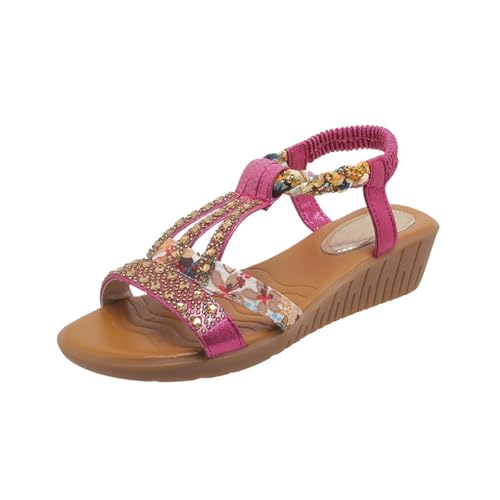 Qgtxf Damen Low Wedge Sandalen Open Toe T-Strap Strass Beaded Strandschuhe Slip On Knöchelgurt Sandale mit Arch Support(Rose Red,38 EU) von Qgtxf