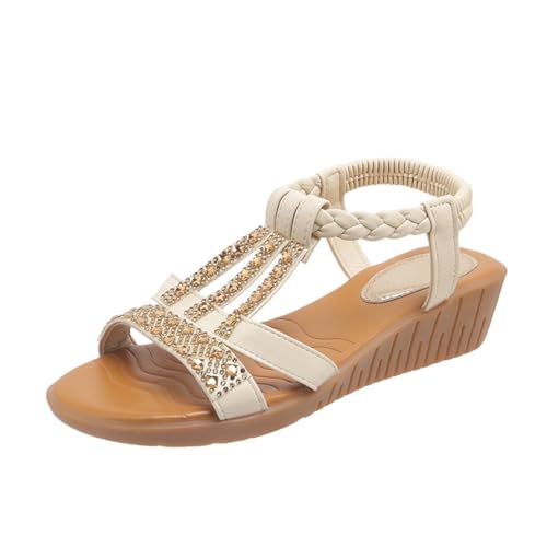 Qgtxf Damen Low Wedge Sandalen Open Toe T-Strap Strass Beaded Strandschuhe Slip On Knöchelgurt Sandale mit Arch Support(White,41 EU) von Qgtxf