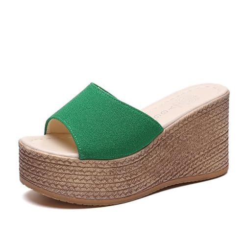 Qgtxf Damen Plattform Keil SIides 9cm Atmungsaktive Offene Zehe Rutschschutz Slip Auf Sandale Casual Strandschuhe(Green,35 EU) von Qgtxf