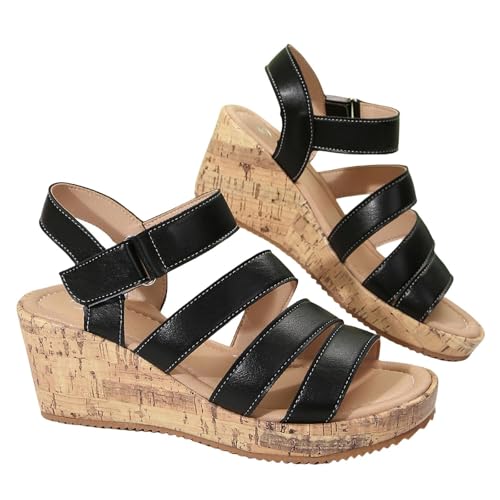 Qgtxf Damen Römischen Stil Offene Zehe Plattform Sandalen Wedge Knöchelgurt Sandalen Sommer Offene Zehe PU Lederschuhe(Black,42 EU) von Qgtxf
