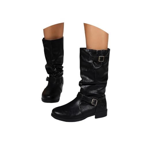 Qgtxf Damen Runde Zehe Mid Calf Stiefel Mode Leder Flachschuhe Breite Breite Knöchelstiefel(Black,40 EU) von Qgtxf