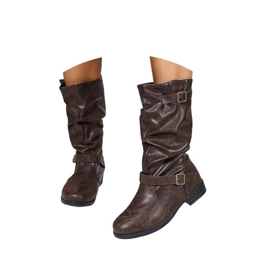 Qgtxf Damen Runde Zehe Mid Calf Stiefel Mode Leder Flachschuhe Breite Breite Knöchelstiefel(Brown,36 EU) von Qgtxf