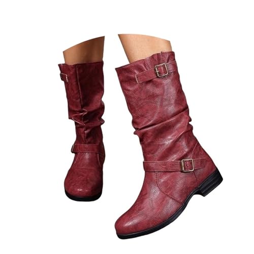 Qgtxf Damen Runde Zehe Mid Calf Stiefel Mode Leder Flachschuhe Breite Breite Knöchelstiefel(Red,42 EU) von Qgtxf