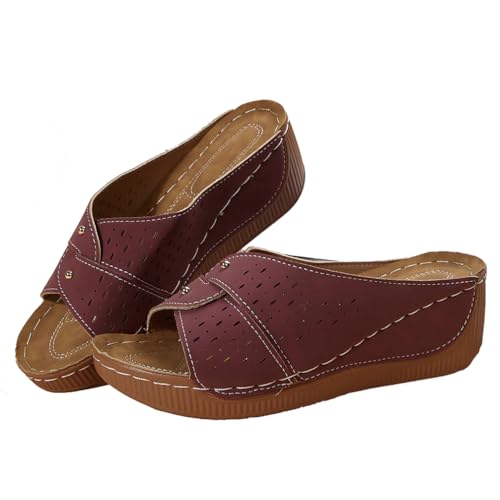 Qgtxf Damen Sandalen mit Arch Support Mode Open Toe Hollow Out Keil Sandalen Sommer Plattform Slip-On Pantoffeln Strandschuhe(Size:37 EU,Color:Wine Red) von Qgtxf