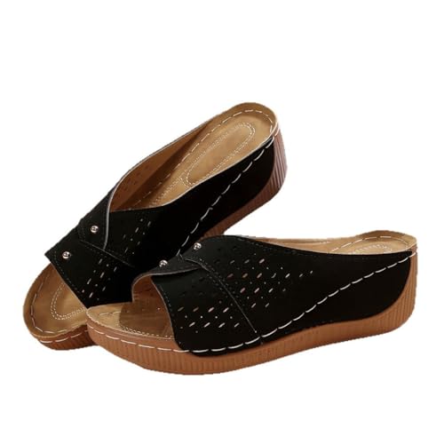 Qgtxf Damen Sandalen mit Arch Support Mode Open Toe Hollow Out Keil Sandalen Sommer Plattform Slip-On Pantoffeln Strandschuhe(Size:39 EU,Color:Black) von Qgtxf