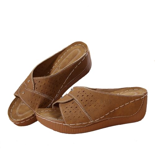 Qgtxf Damen Sandalen mit Arch Support Mode Open Toe Hollow Out Keil Sandalen Sommer Plattform Slip-On Pantoffeln Strandschuhe(Size:40 EU,Color:Brown) von Qgtxf
