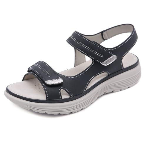 Qgtxf Damen Sommer Walking Sandalen Verstellbarer Doppelgurt Auf Lederschuhen Plattform Bogen Unterstützung Wanderschuhe(Black,37 EU) von Qgtxf