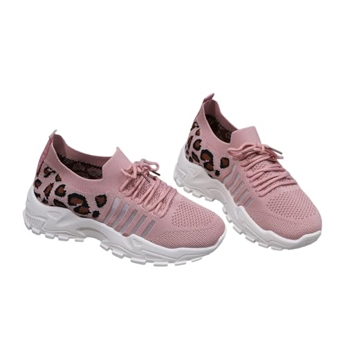 Qgtxf Damen Trainer Sport Laufschuhe Plattform Spitze Fußschuh Strick Mesh Atmungsaktive Sneakers Leopard Print Joggingschuhe(Pink,41 EU) von Qgtxf