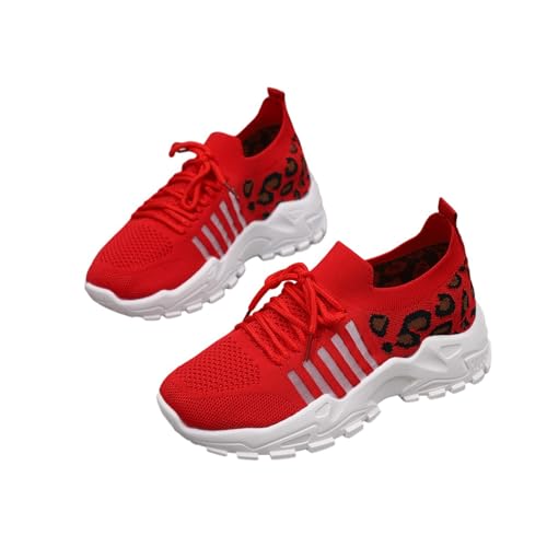 Qgtxf Damen Trainer Sport Laufschuhe Plattform Spitze Fußschuh Strick Mesh Atmungsaktive Sneakers Leopard Print Joggingschuhe(Red,42 EU) von Qgtxf