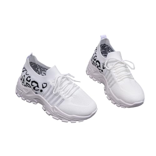 Qgtxf Damen Trainer Sport Laufschuhe Plattform Spitze Fußschuh Strick Mesh Atmungsaktive Sneakers Leopard Print Joggingschuhe(White,37 EU) von Qgtxf