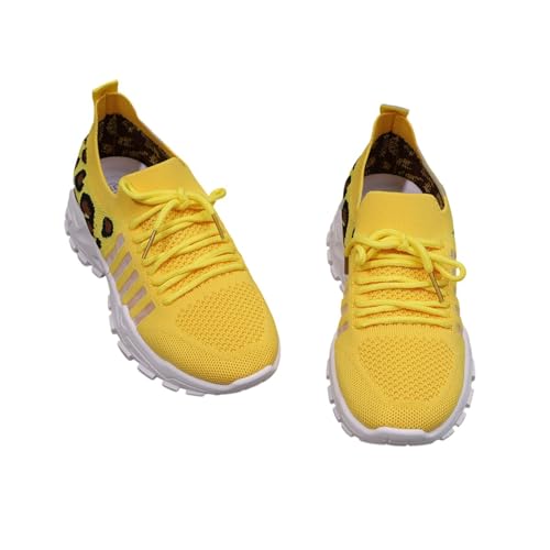 Qgtxf Damen Trainer Sport Laufschuhe Plattform Spitze Fußschuh Strick Mesh Atmungsaktive Sneakers Leopard Print Joggingschuhe(Yellow,37 EU) von Qgtxf