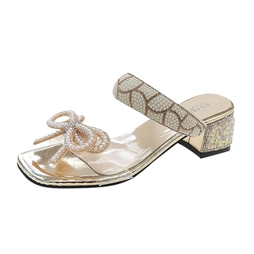 Qgtxf Dressy High Heel Sandale mit Bow Knot Mode Open-Toe Slip Auf Backless Mules Elegante Stil Block Absatz Schuhe(Gold,37 EU) von Qgtxf