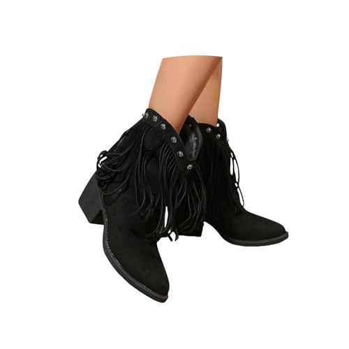 Qgtxf Frauen Fringe Cowboy Cowgirl Stiefel, Wildleder Runde Zehe Chunky Block Mitte Absatz Pull On Knöchel Stiefel Niete Tasseln Schuhe(Black,41 EU) von Qgtxf