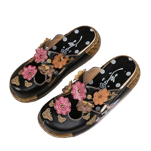 Qgtxf Frauen Tribal Blumen Plattform Mules Sommer Geschlossene Zehen Keil Sandalen PU Leder Rutschfeste Strandschuhe(Black,40 EU) von Qgtxf
